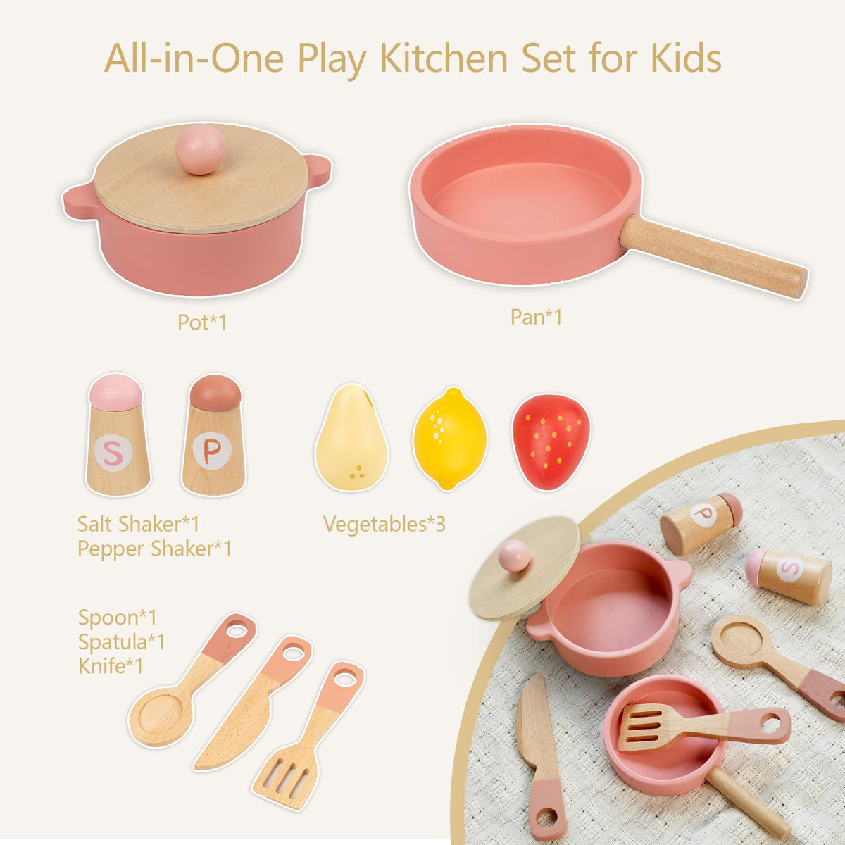 Leeshyah pink wooden play kitchen in use by kids enjoying pretend cooking