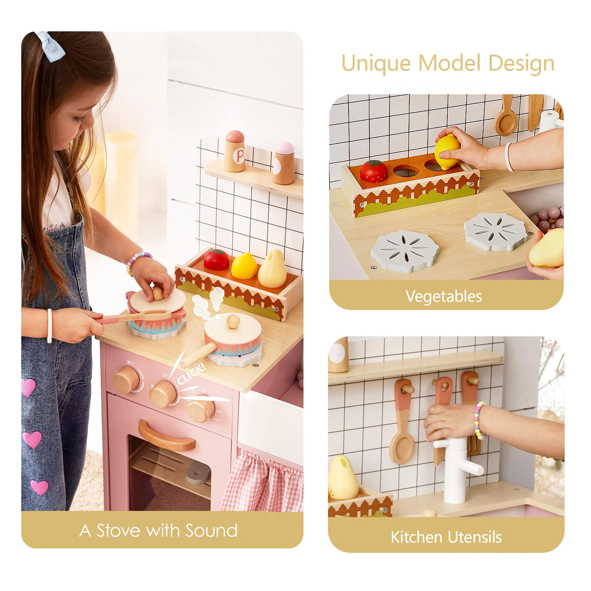 Leeshyah pink wooden play kitchen pots and utensils boost imaginative meals