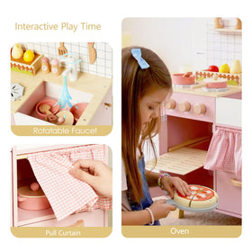 Leeshyah pink wooden play kitchen compact design helps tidy up after play