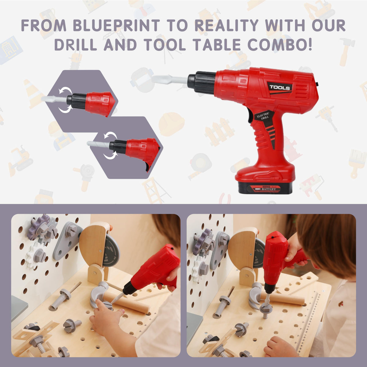 Leeshyah toy drill in action adds realism to playtime.