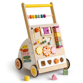 Leeshyah wooden baby walker with 10-in-1 activity center guiding toddlers through versatile play