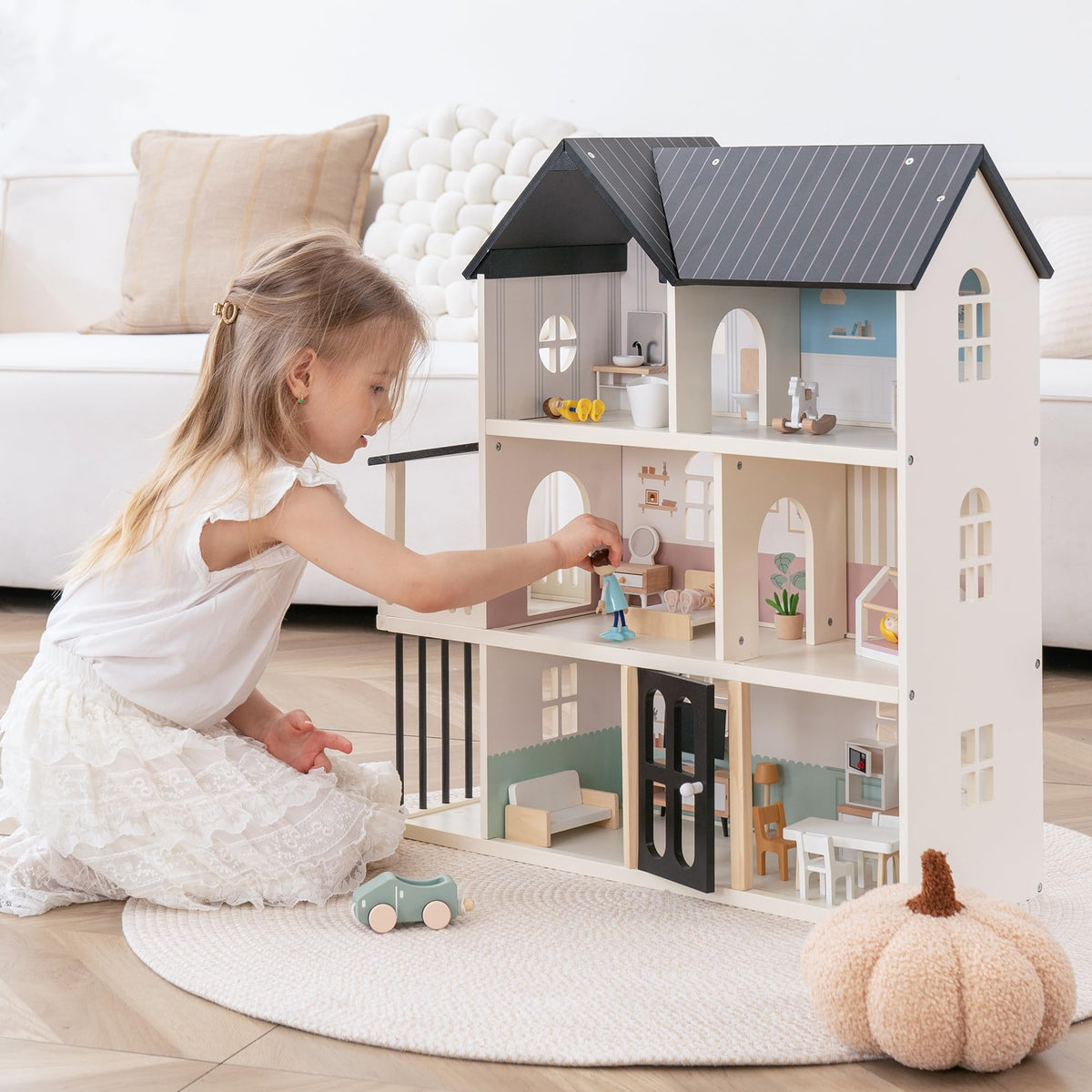 Leeshyah wooden dollhouse front view with six rooms for imaginative play
