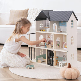 Leeshyah wooden dollhouse front view with six rooms for imaginative play