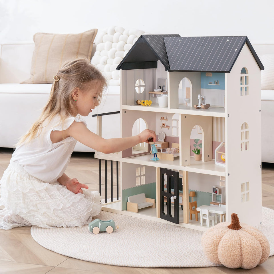 Leeshyah wooden dollhouse front view with six rooms for imaginative play