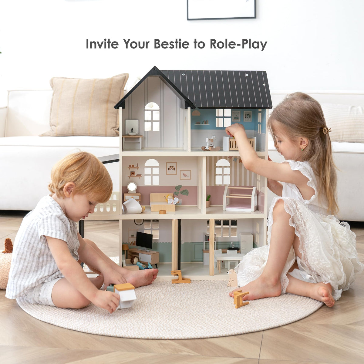 Leeshyah wooden dollhouse open plan layout supports versatile storytelling