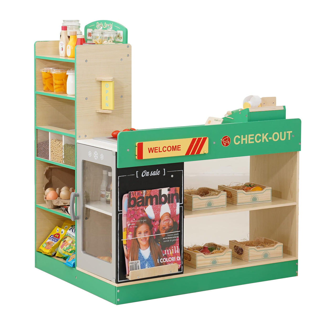 Leeshyah wooden grocery playset overview boosts imaginative play and social interaction.