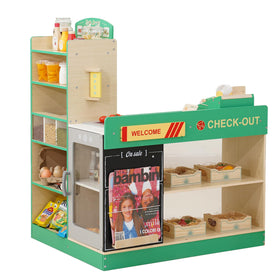 Leeshyah wooden grocery playset overview boosts imaginative play and social interaction.