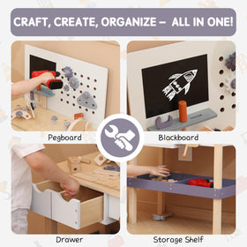 Leeshyah tool bench with two drawers showing organized storage for kids.