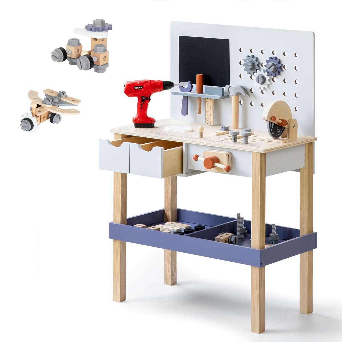 Leeshyah wooden kids tool bench with electric drill for imaginative play and skill-building.
