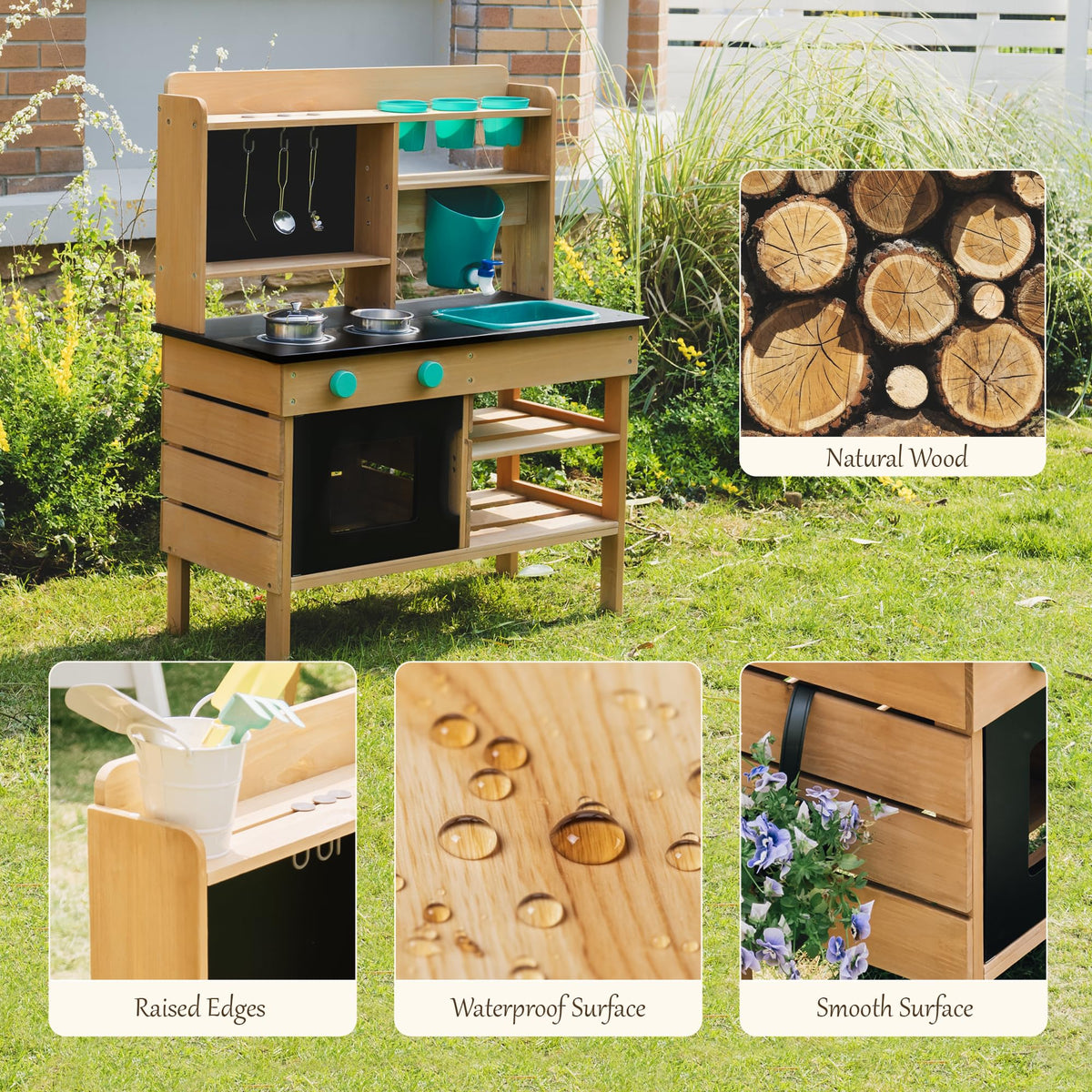 Leeshyah wooden mud kitchen flowerpots: includes pots for watering pretend plants.