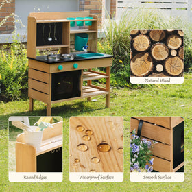 Leeshyah wooden mud kitchen flowerpots: includes pots for watering pretend plants.