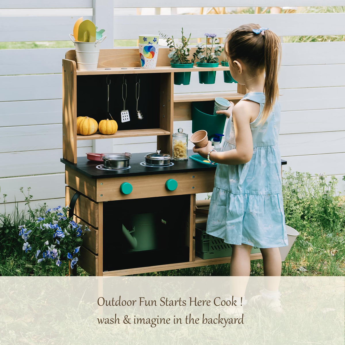 Leeshyah wooden mud kitchen mini pots and pans: complete utensils for creative cooking play.