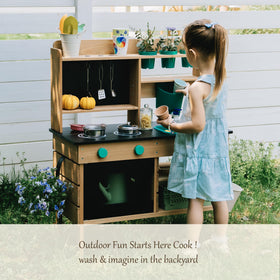 Leeshyah wooden mud kitchen mini pots and pans: complete utensils for creative cooking play.