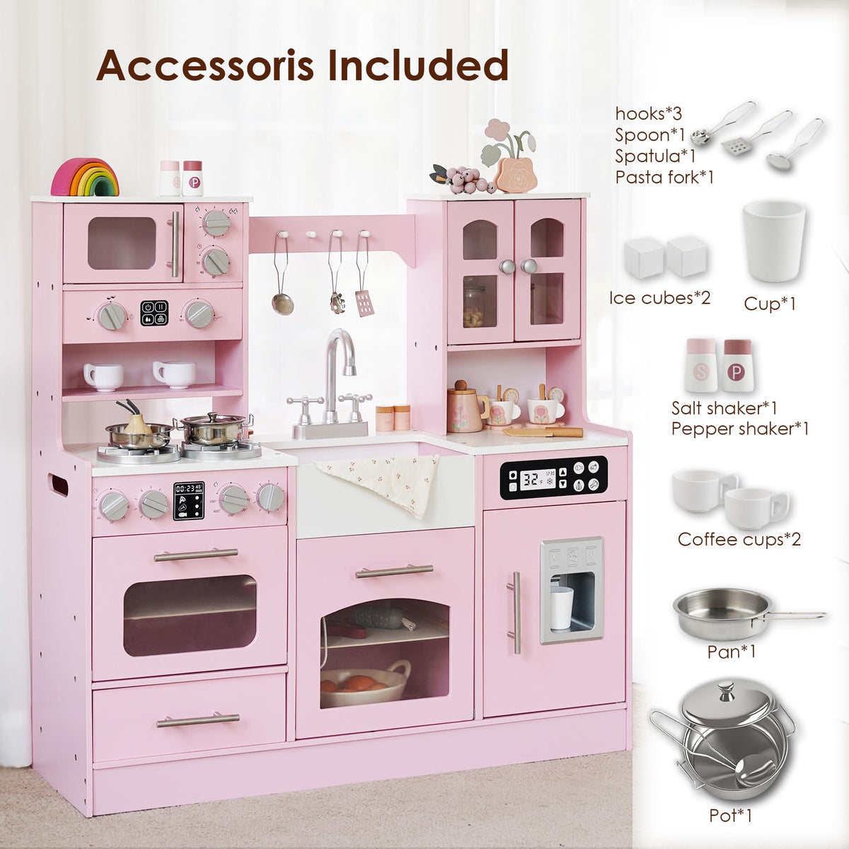 Leeshyah wooden play kitchen accessories included for a complete pretend setup.