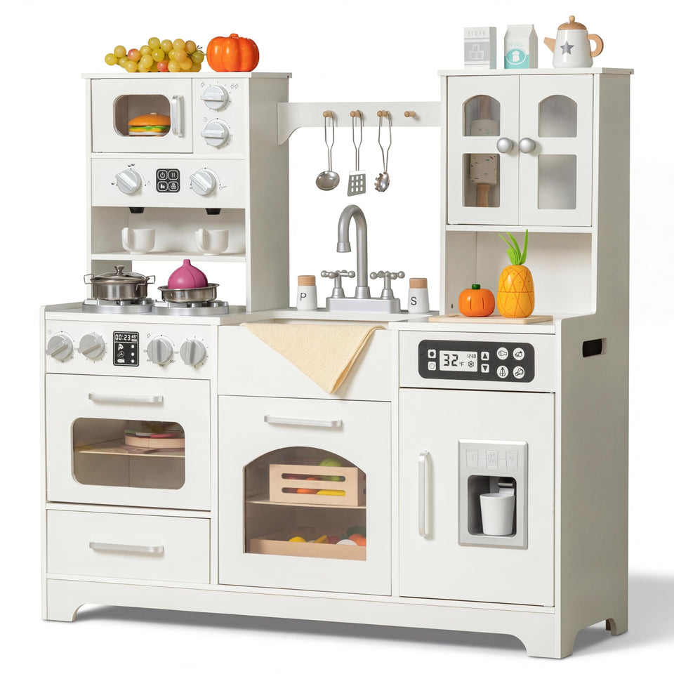Leeshyah wooden play kitchen front view with lights for imaginative play