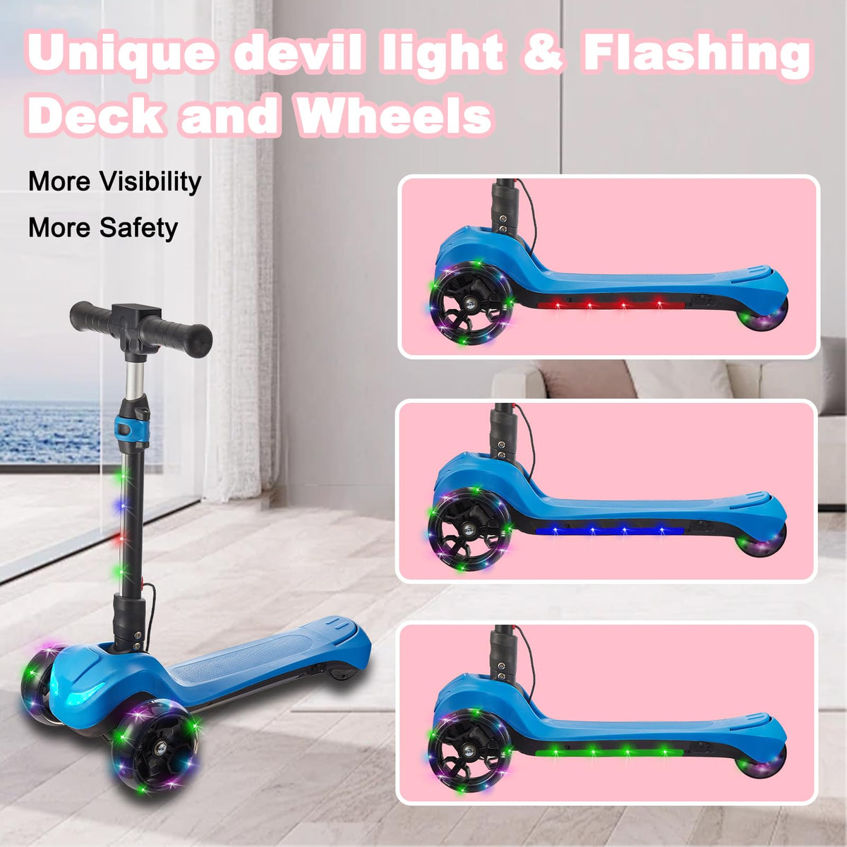 LEFELWEL 3-wheel scooter blue side view highlights foldable design