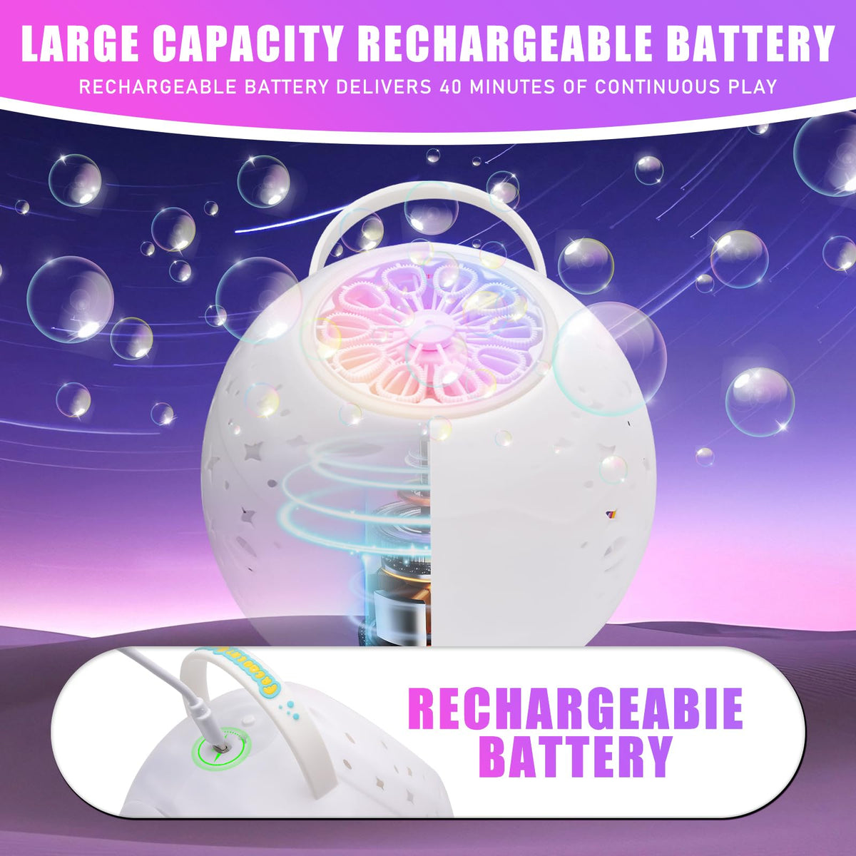 LEFEI bubble machine in rotation mode creating dynamic bubble patterns