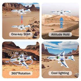LEFEI RC drone airplane white LED lights visible during dusk flights.