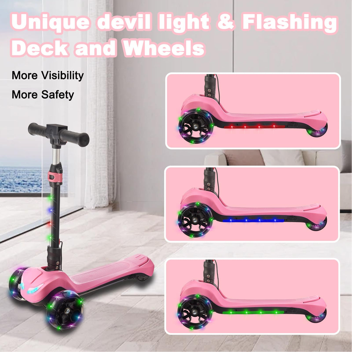 LEFELWEL scooter's colorful rainbow lights enhance visibility during evening rides.
