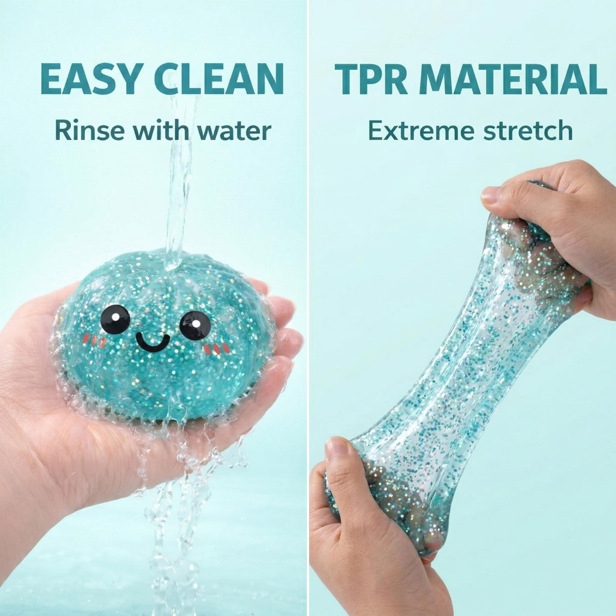 LEGEOS Glitter Dumpling Squishy durable TPR construction supports repeated squeezing.