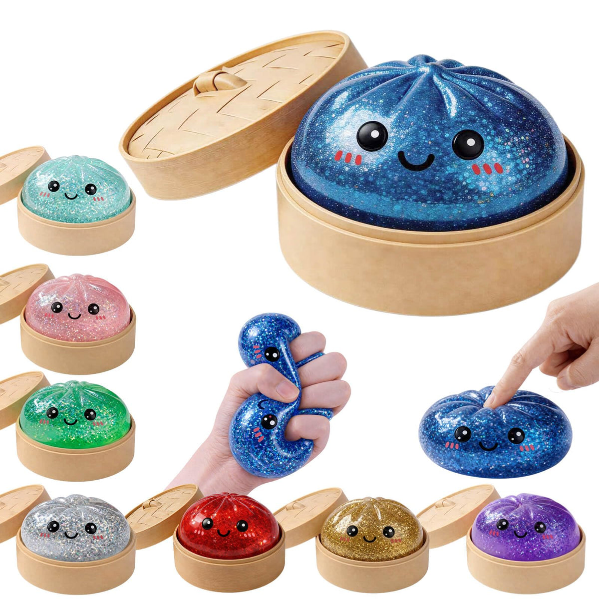 LEGEOS Glitter Dumpling Squishy in hand for quick stress relief and focus.