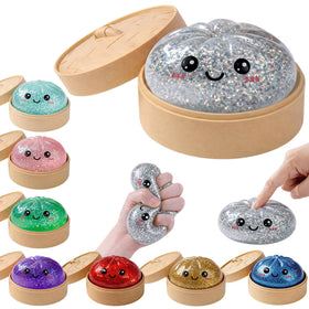 LEGEOS Glitter Dumpling Squishy with mini steamer for playful desk relief.