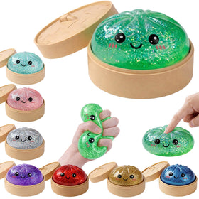 LEGEOS glitter dumpling squishy with steamer included for desk relaxation.