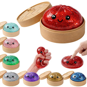 LEGEOS glitter dumpling squishy with steamer prop, ideal for tactile play and desk relaxation