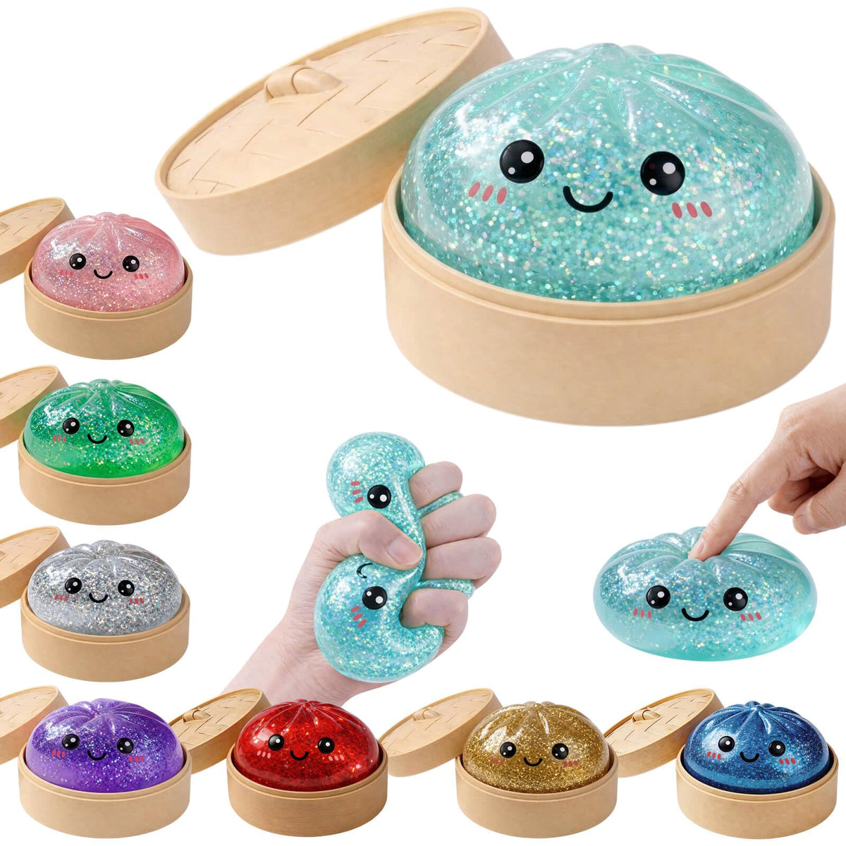 LEGEOS Glitter Dumpling Squishy with mini steamer for satisfying desk play.