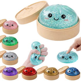 LEGEOS Glitter Dumpling Squishy with mini steamer for satisfying desk play.