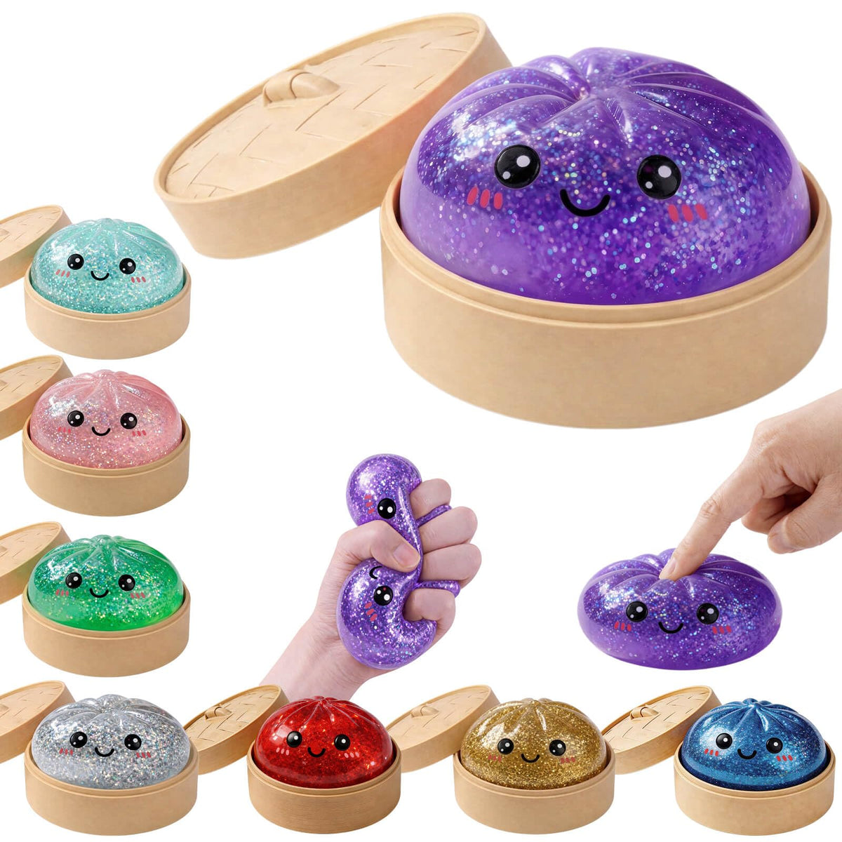 LEGEOS Glitter Dumpling Squishy toy held in hand for quick desk relaxation