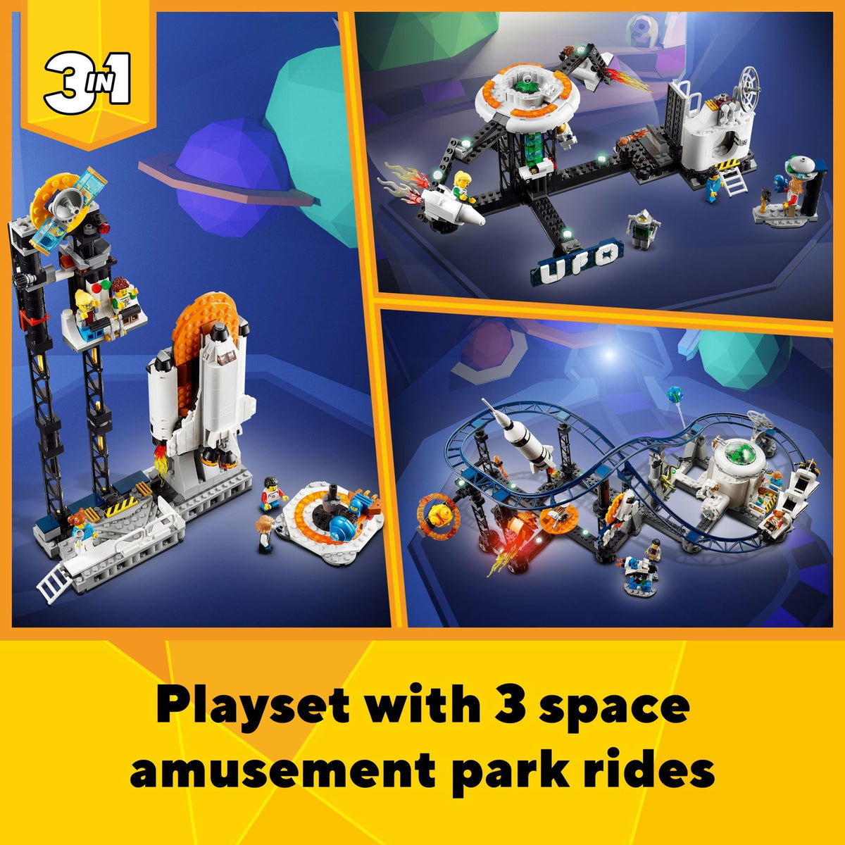 LEGO 31142 Space Roller Coaster carts zoom along a winding track for action