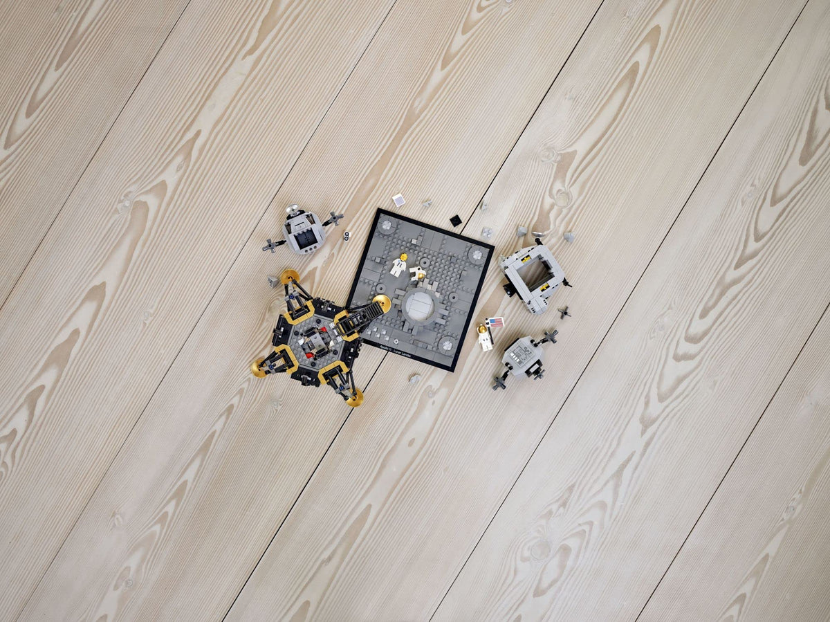 LEGO Apollo 11 lunar surface detail with crater and footprints for realism