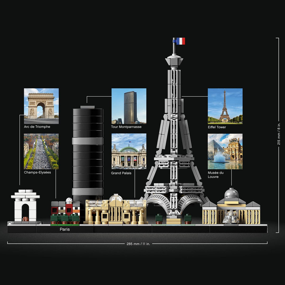 LEGO Architecture Paris cityscape display ideal for desk or shelf.