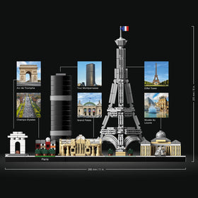 LEGO Architecture Paris cityscape display ideal for desk or shelf.