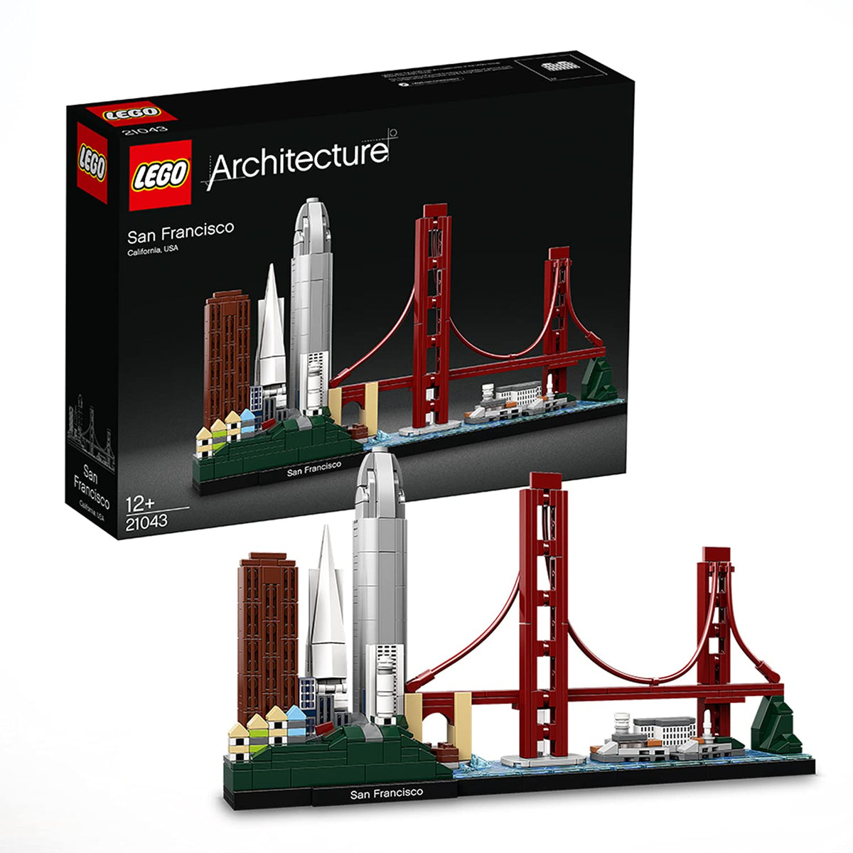 LEGO Architecture San Francisco skyline model highlights iconic landmarks for shelf display.