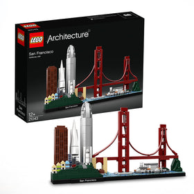 LEGO Architecture San Francisco skyline model highlights iconic landmarks for shelf display.