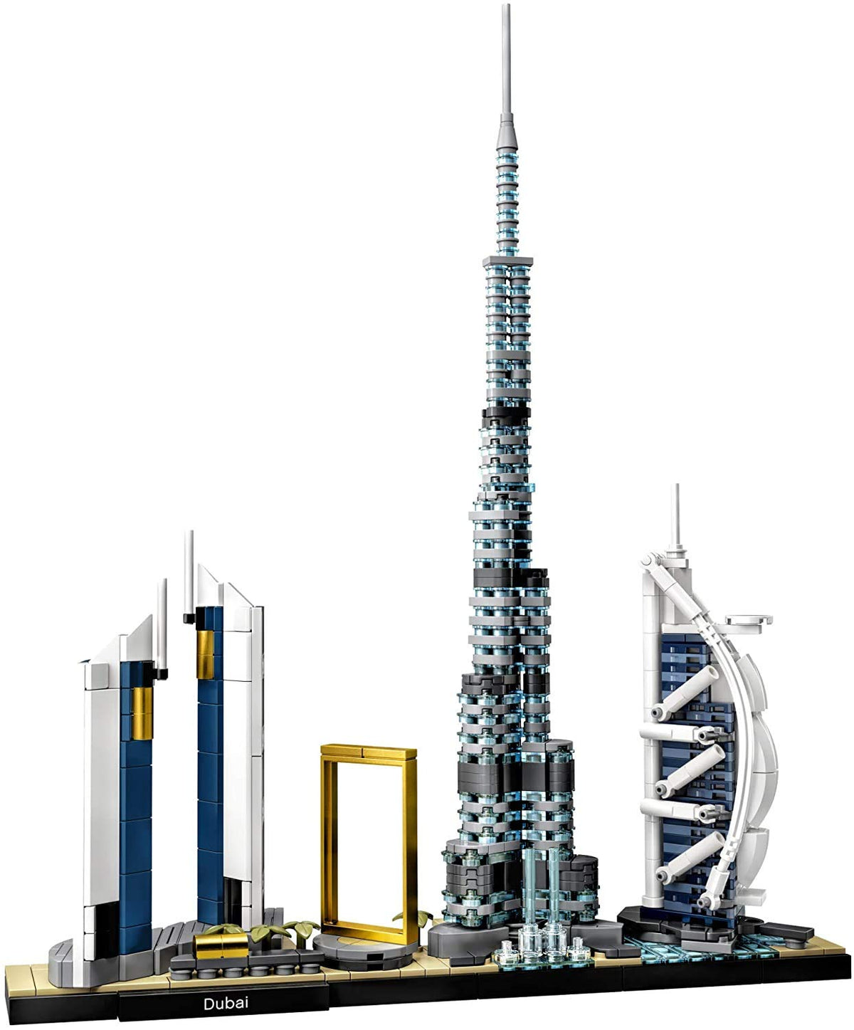 LEGO Architecture Dubai 21052 Dubai Frame model shines on display shelves.