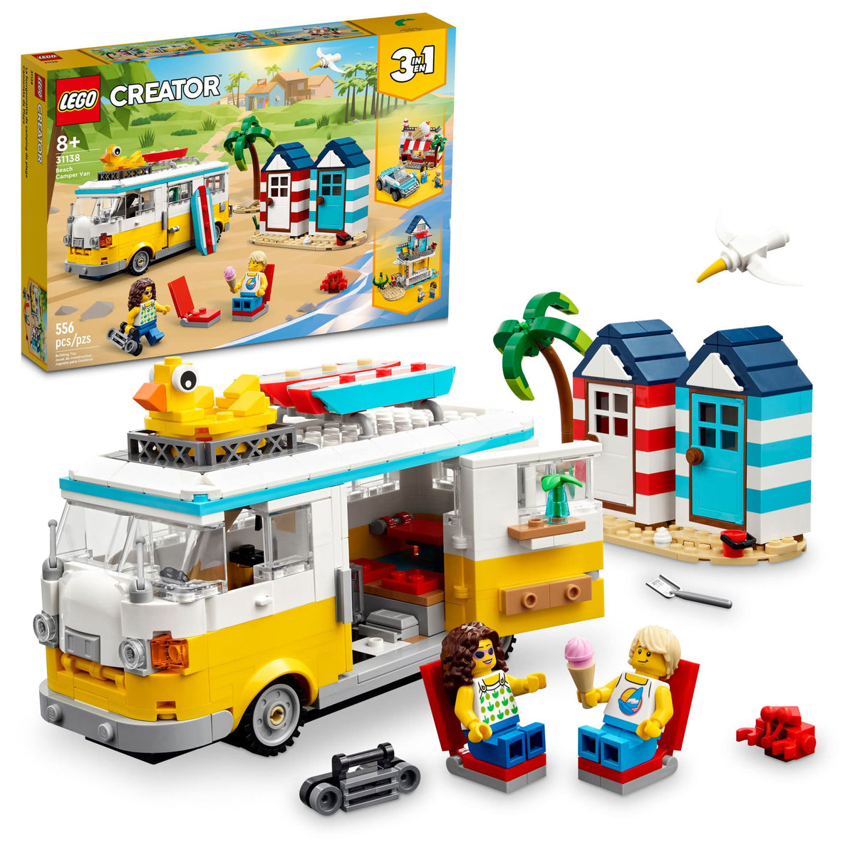 LEGO Beach Camper Van interior scene with kitchen and bedroom for imaginative travel play.