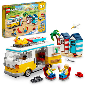 LEGO Beach Camper Van interior scene with kitchen and bedroom for imaginative travel play.