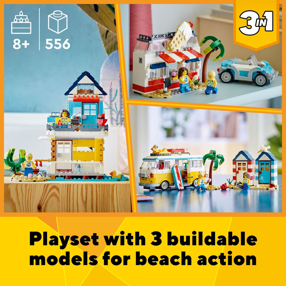 LEGO Beach huts and palm tree set for sunny coastal role-play scenarios.