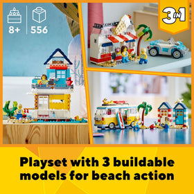 LEGO Beach huts and palm tree set for sunny coastal role-play scenarios.