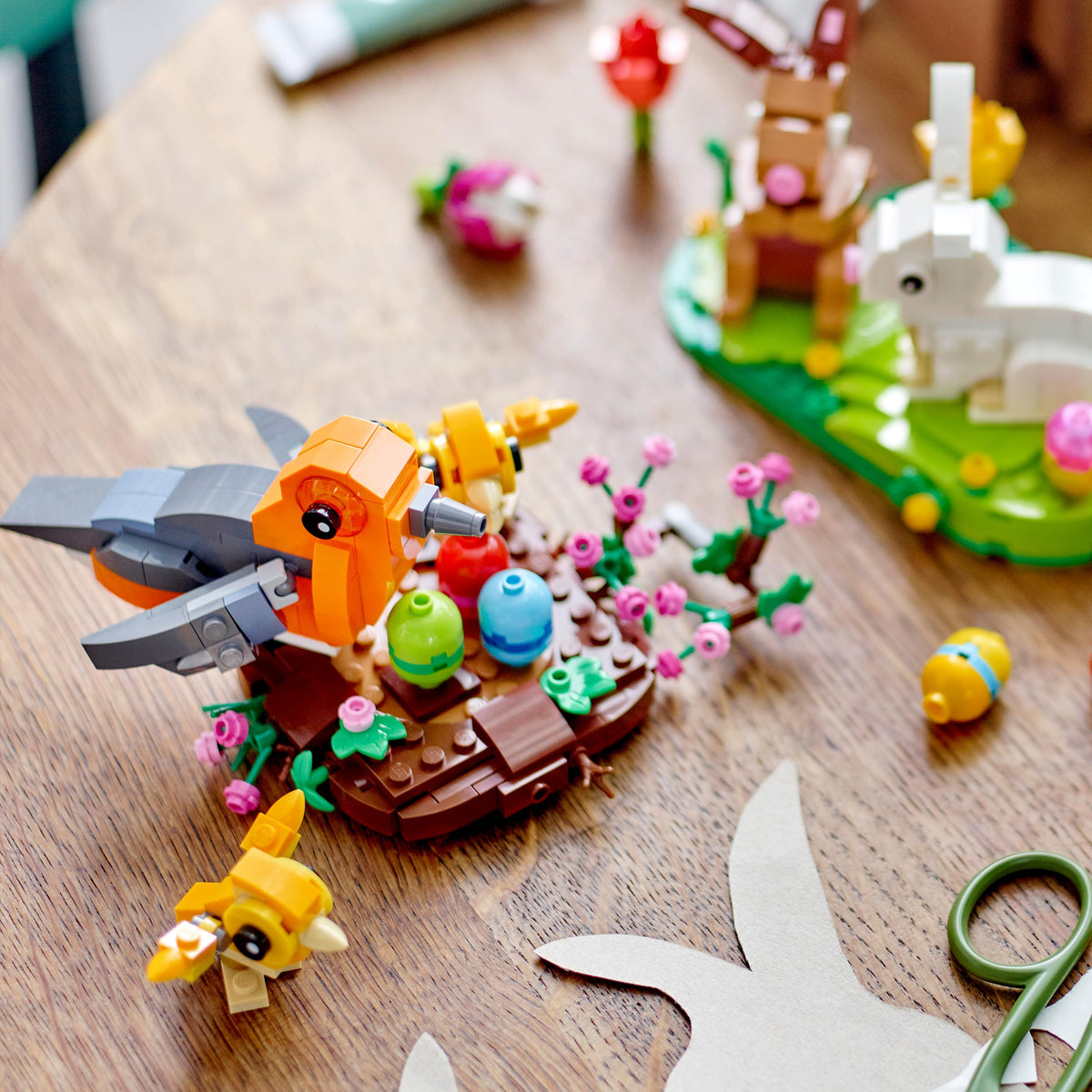 LEGO Bird’s Nest display on table, perfect spring decor.