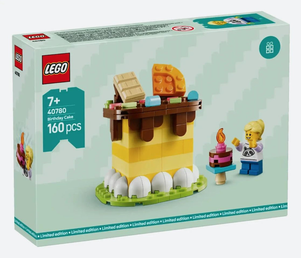 LEGO Birthday Cake Building Set 40780 features a yellow layered cake with a minifigure for imaginative play.