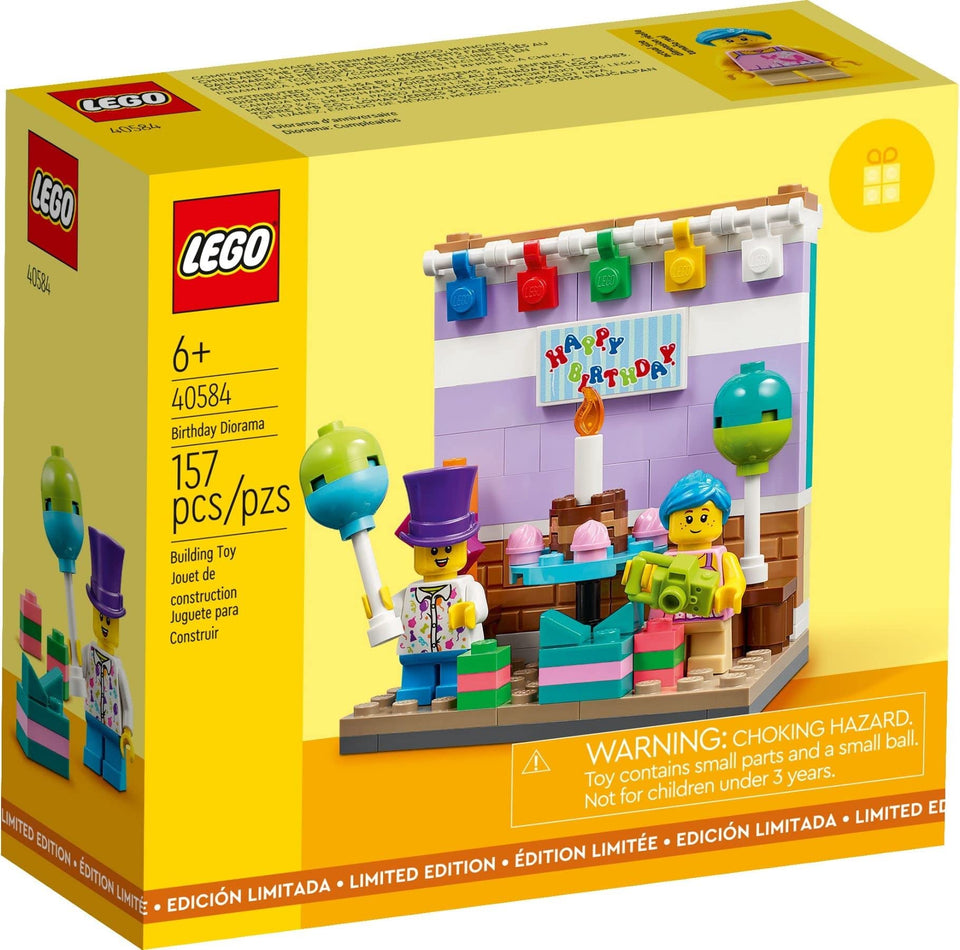 LEGO 40584 Birthday Diorama front view showcases festive balloons and cake for display.