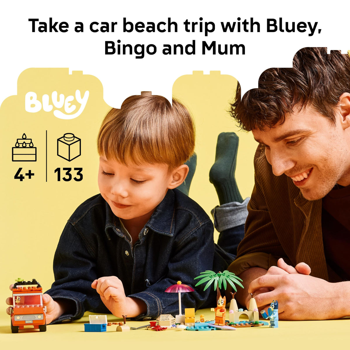 LEGO Bluey beach scene with Bluey, Bingo, and Mum minifigures for storytelling.