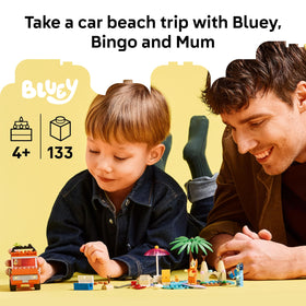 LEGO Bluey beach scene with Bluey, Bingo, and Mum minifigures for storytelling.
