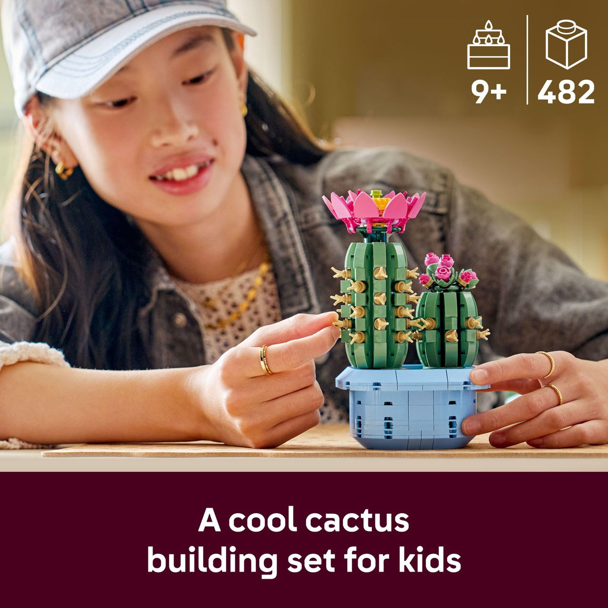 LEGO Botanicals Flowering Cactus model 2 with pink buds in a pastel blue pot