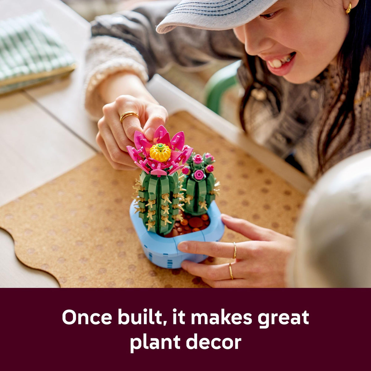 LEGO Botanicals cacti displayed as bedroom decor on a shelf
