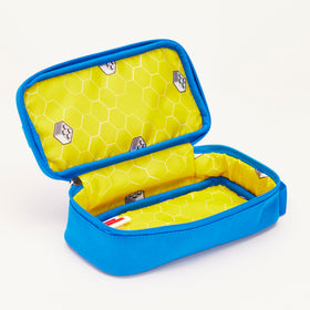 LEGO Brick Pouch blue fabric detail closeup emphasizes durable recycled polyester material.